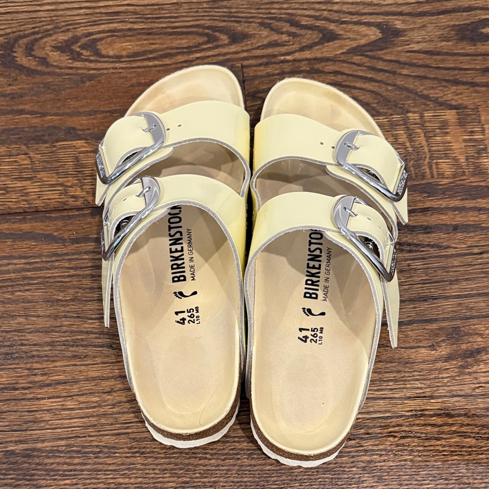 Birkenstock Arizona butter Yellow Slides with big Metallic Buckles